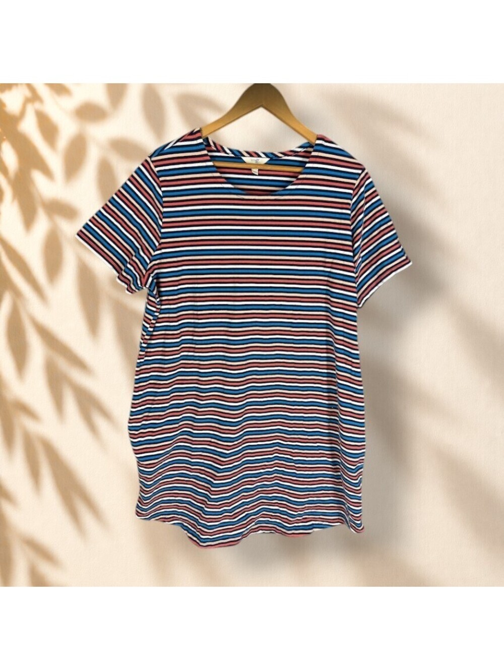 Terra & Sky T-Shirt Women 1X Plus Blue Striped Short Sleeve Cotton Casual